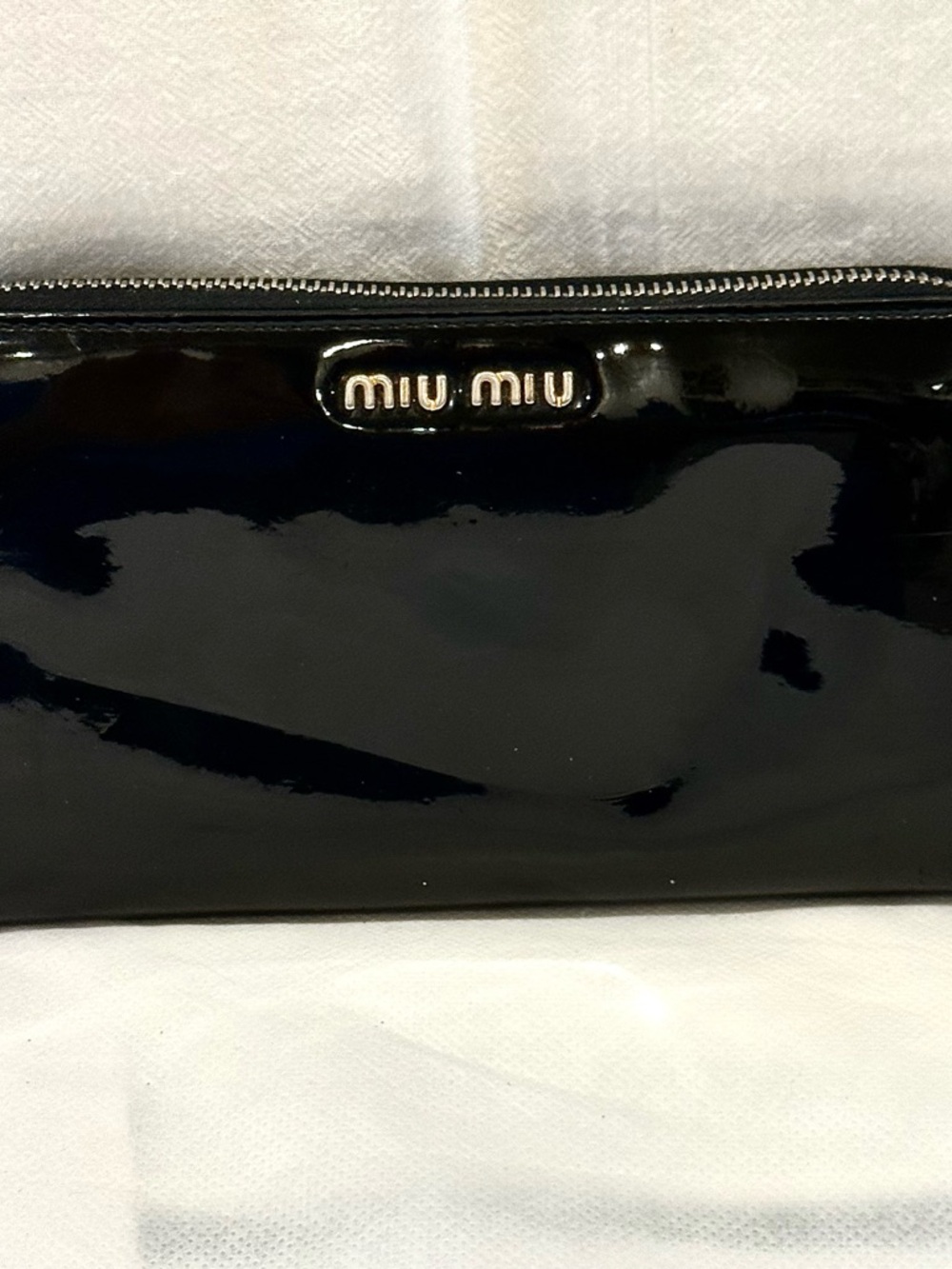 Miu Miu Black Patent Leather Zip Around Wallet with Silver Hardware